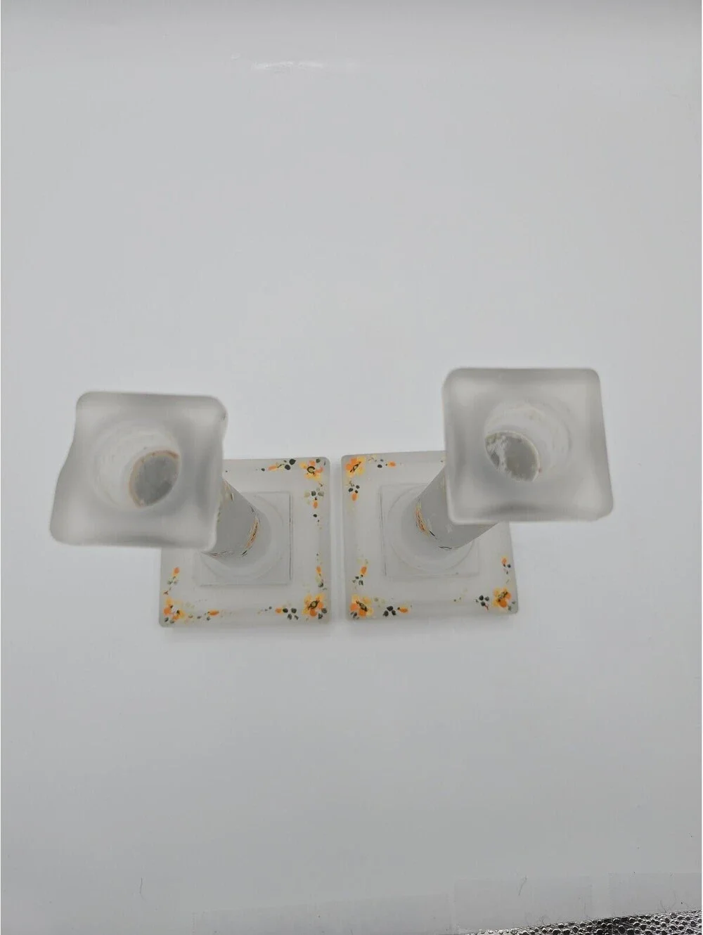 Vintage Hand Painted Satin Frosted Glass Candlestick Holders Pair Floral